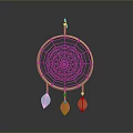 Decorative Dreamcatcher With Circular Web Pink Frame Top Arrow And Colorful Feathers