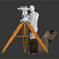 Man Standing By Surveying Instrument On Orange Tripod With Open Wooden Chest