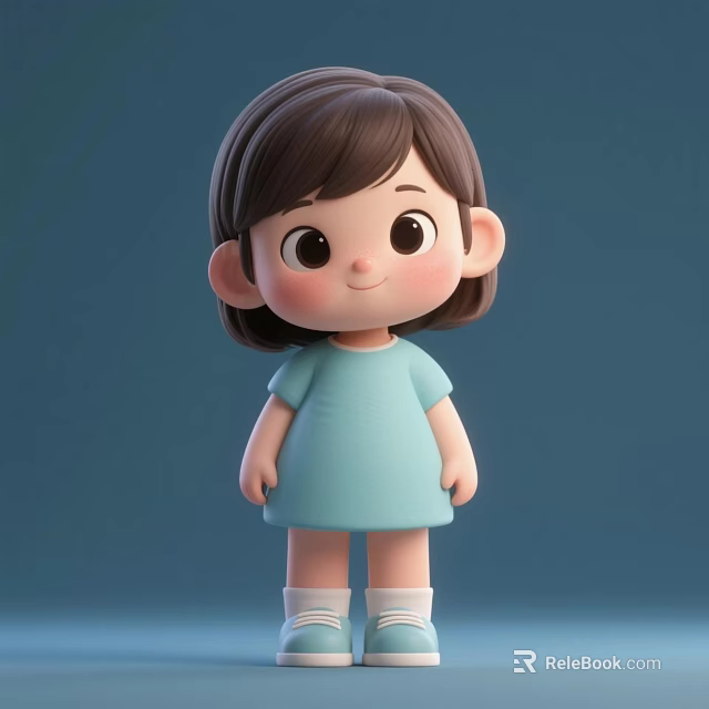 Cute Girl Doll With Brown Short Hair Big Eyes Light Blue Dress And Blue Background 3d model 