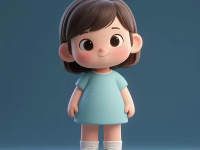 Cute Girl Doll With Brown Short Hair Big Eyes Light Blue Dress And Blue Background 3d model