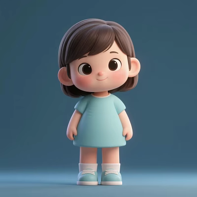 Cute Girl Doll With Brown Short Hair Big Eyes Light Blue Dress And Blue Background 3d model