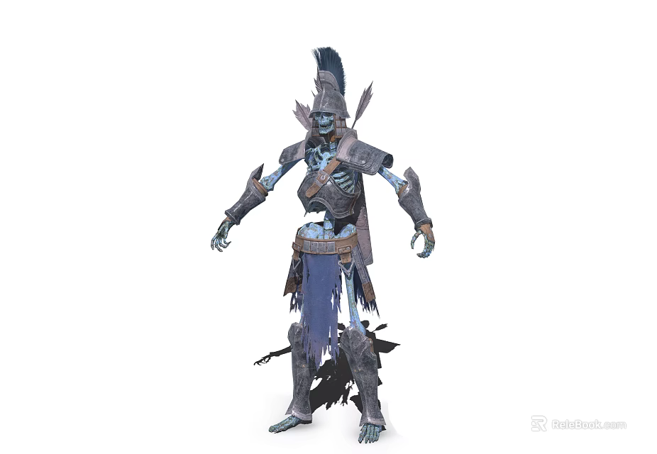 Armored Skeleton Warrior Character With Decorative Helmet Tattered Blue Cloth And Bone Structure 3d model 