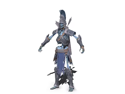 Armored Skeleton Warrior Character With Decorative Helmet Tattered Blue Cloth And Bone Structure 3d model