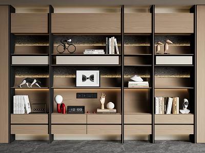Modern Bookcase With Sleek Layered Design Featuring Books Framed Art Lamp And Decorative Objects 3d model