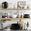 Kitchenware Display on Wooden Shelves with Coffee Maker Bowls Grinder Toaster and Olive Oil Bottles
