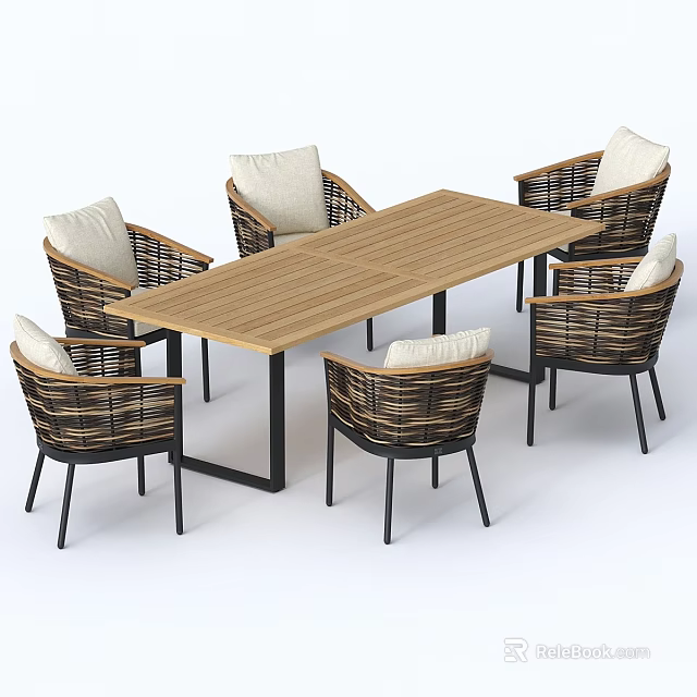 Outdoor Wooden Dining Table And Rattan Chair Set With White Cushions 3d model 
