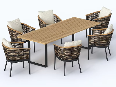 Outdoor Wooden Dining Table And Rattan Chair Set With White Cushions 3d model