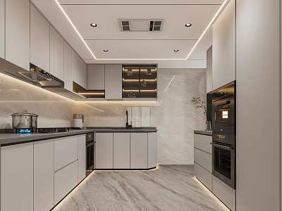 Modern Kitchen Interior Design With White Cabinets Built-in Appliances Countertop And Lighting 3d model