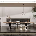 Elegant Tea Room Interior Design With Long Wooden Table White Stools And Pendant Light