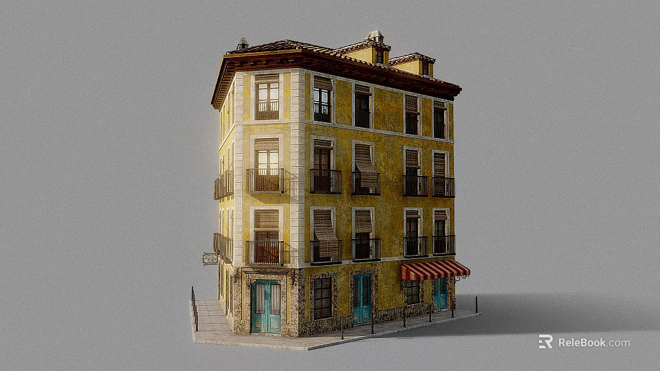 Yellow Corner Multi Story Building with Blue Doors Red White Striped Awning and Windows 3d model 