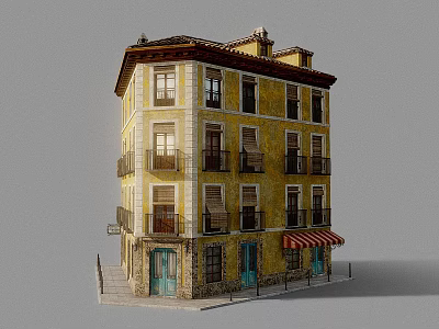 Yellow Corner Multi Story Building with Blue Doors Red White Striped Awning and Windows 3d model