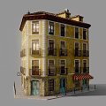 Yellow Corner Multi Story Building with Blue Doors Red White Striped Awning and Windows