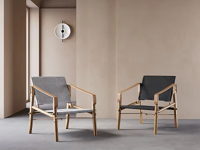 Two Stylish Leisure Chairs With Gray Black Fabric And Wooden Frame In Modern Minimalist Interior 3d model