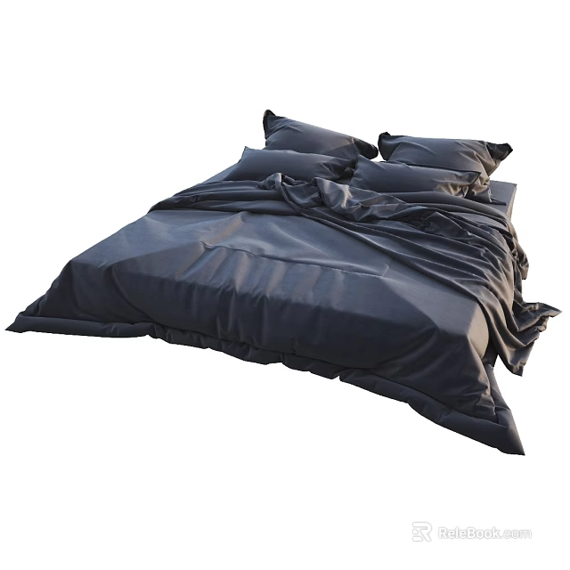 Modern Dark Double Bed With Neatly Arranged Plush Pillows And Comforter 3d model