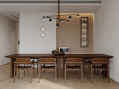 Minimalist Modern Restaurant Dining Area With Long Wooden Table And Hanging Pendant Lights 3d model