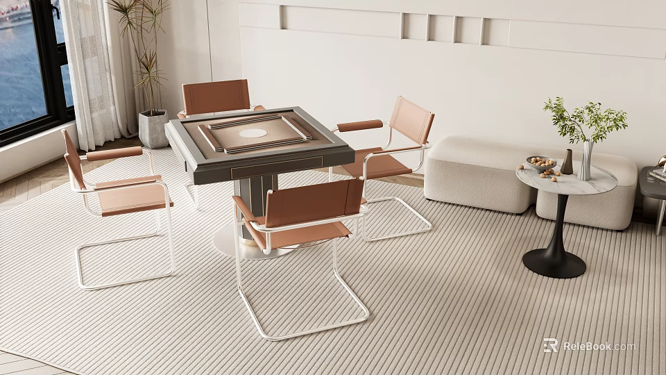 Modern Living Room Entertainment Table With Square Top Four Brown Chairs Minimalist Design 3d model 
