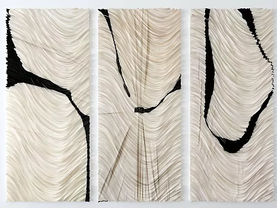 Modern Abstract Three Panel Wall Decor with Wavy Black Lines on Beige Background 3d model