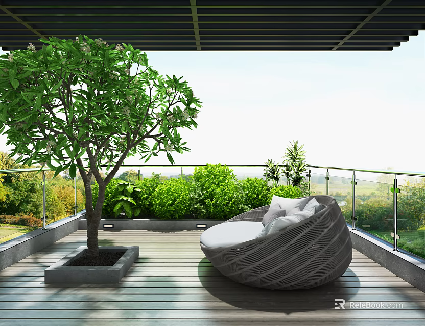 Comfortable Outdoor Sofa On Wooden Patio With Green Plants And Glass Railings 3d model 