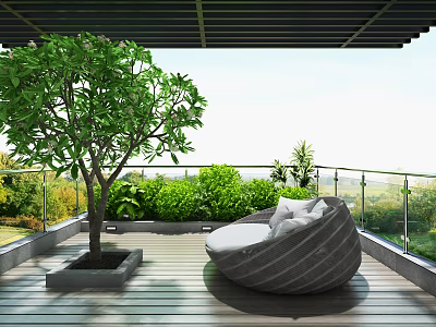 Comfortable Outdoor Sofa On Wooden Patio With Green Plants And Glass Railings 3d model