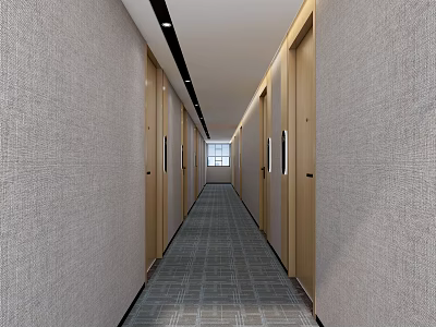 Modern Hotel Corridor With Linen Textured Walls Wooden Doors Gray Carpet And Ceiling Lights 3d model