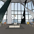Modern Exhibition Hall Interior Featuring Large Windows City View Sofa Tables And Human Silhouettes