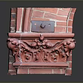 Ornate Red Brick Fireplace With Intricate Carved Decorations And Metal Accents
