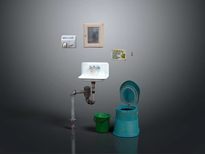 Blue Toilet In Bathroom With Open Lid White Sink Green Bucket And Wall Mirror 3d model