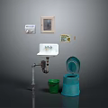 Blue Toilet In Bathroom With Open Lid White Sink Green Bucket And Wall Mirror