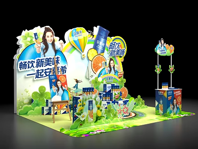 Retail Display Shelves With Beverage Products Spring Promotion Green Decor And Posters 3d model