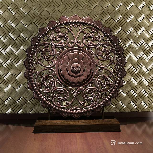 Intricate Carved Decorative Ornament Set With Circular Floral Pattern Wooden Base And Woven Background 3d model 