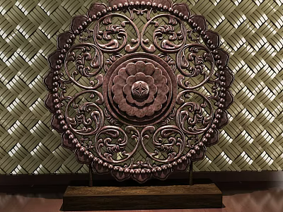 Intricate Carved Decorative Ornament Set With Circular Floral Pattern Wooden Base And Woven Background 3d model
