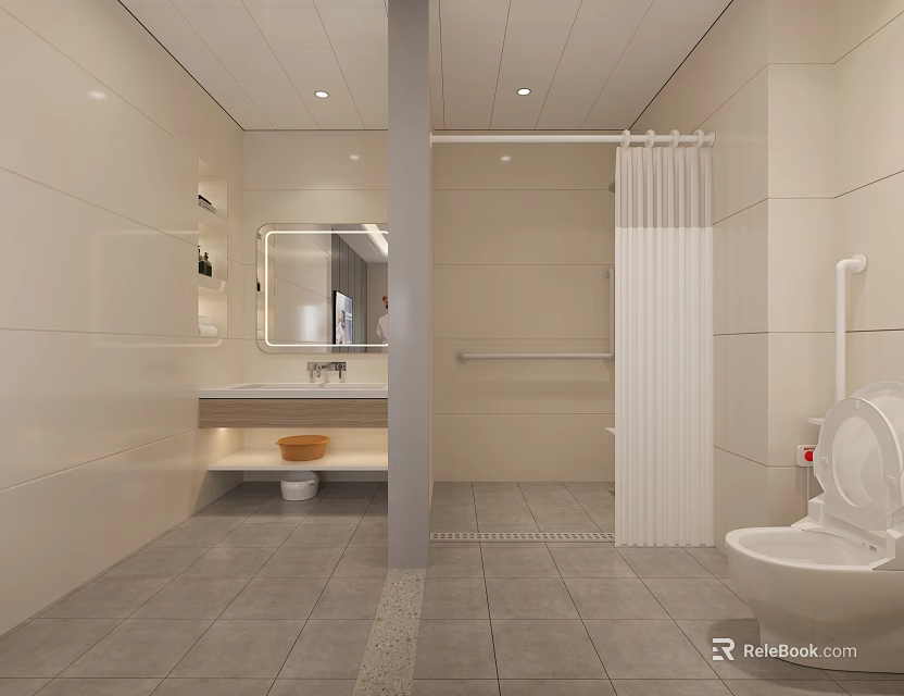 Modern Clean Public Toilet with Sink Mirror Grab Bar and Gray Floor Tiles 3d model 