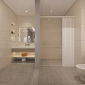 Modern Clean Public Toilet with Sink Mirror Grab Bar and Gray Floor Tiles