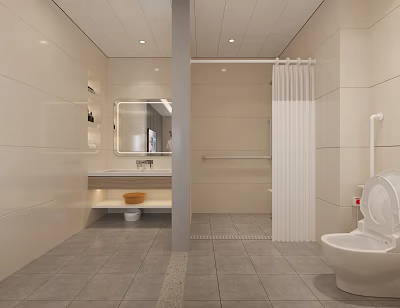 Modern Clean Public Toilet with Sink Mirror Grab Bar and Gray Floor Tiles 3d model