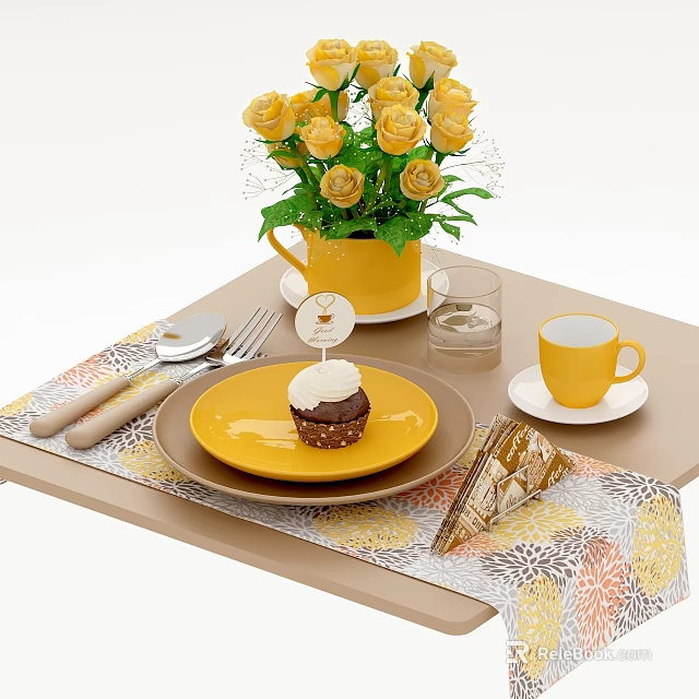 Yellow Tableware Set With Rose Decor Cup Plate And Floral Tablecloth 3d model 