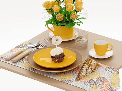 Yellow Tableware Set With Rose Decor Cup Plate And Floral Tablecloth 3d model