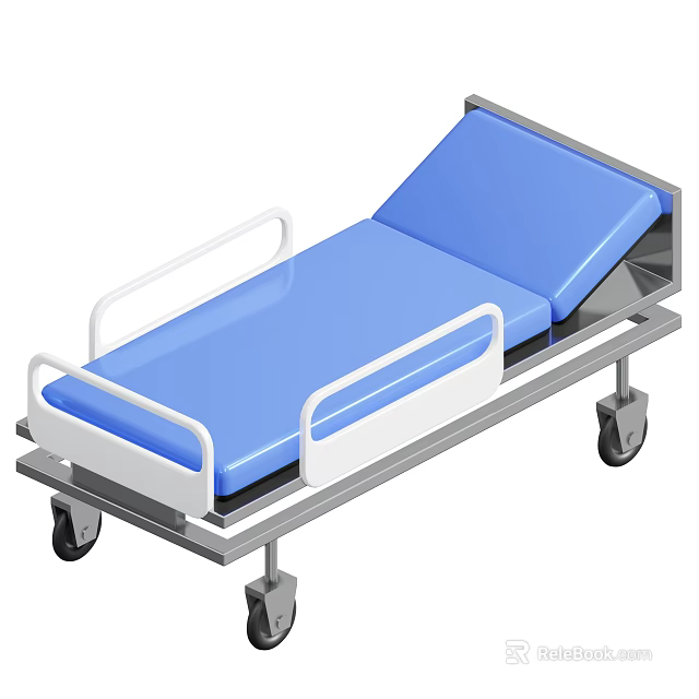 Medical Bed Frame With Blue Mattress White Guardrails And Metal Base On Wheels 3d model 