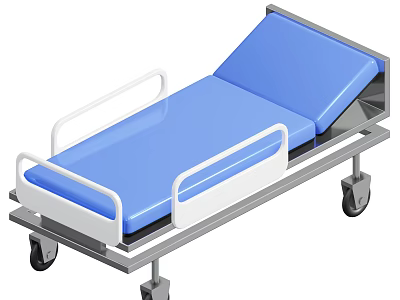 Medical Bed Frame With Blue Mattress White Guardrails And Metal Base On Wheels 3d model