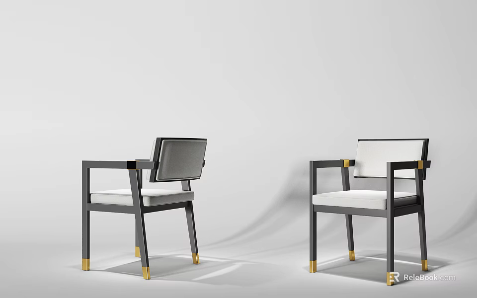 Modern Leisure Chairs In Minimalist Interior With Black Frame White Cushion And Gold Legs 3d model 
