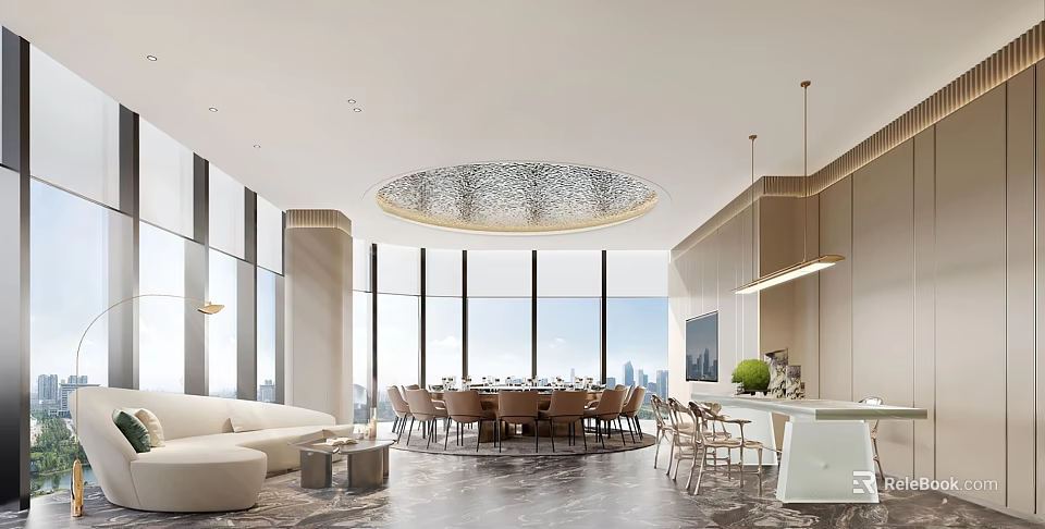Modern Private Dining Room Interior With Large Windows Round Table And City View Sofa 3d model