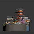 Cartoon Scene of Traditional Pagoda with Bridge Cherry Blossom Tree Boat and Flowing Water
