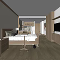Modern Hotel Guest Room Interior With Bed Desk TV Wardrobe And Open Kitchen Area