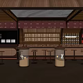 Modern Restaurant Interior With Red Awnings Bar Counter High Stools And Wine Racks