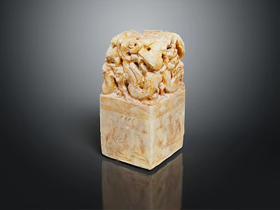 Traditional Square Jade Stone Seal With Intricate Carved Dragon Design 3d model