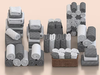 Neatly Arranged Gray And White Towels Stacked And Rolled In Basket 3d model