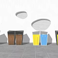 Public Facility Recycling Bins Arranged With Various Colors Wooden Panels White Wall And Gray Floor