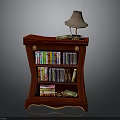 Red Wooden Bookshelf Interior With Stacked Books CDs And Table Lamp On Top