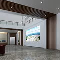 Front Desk Reception in Double Height Lobby With Large Screen Panoramic View And Wooden Panels