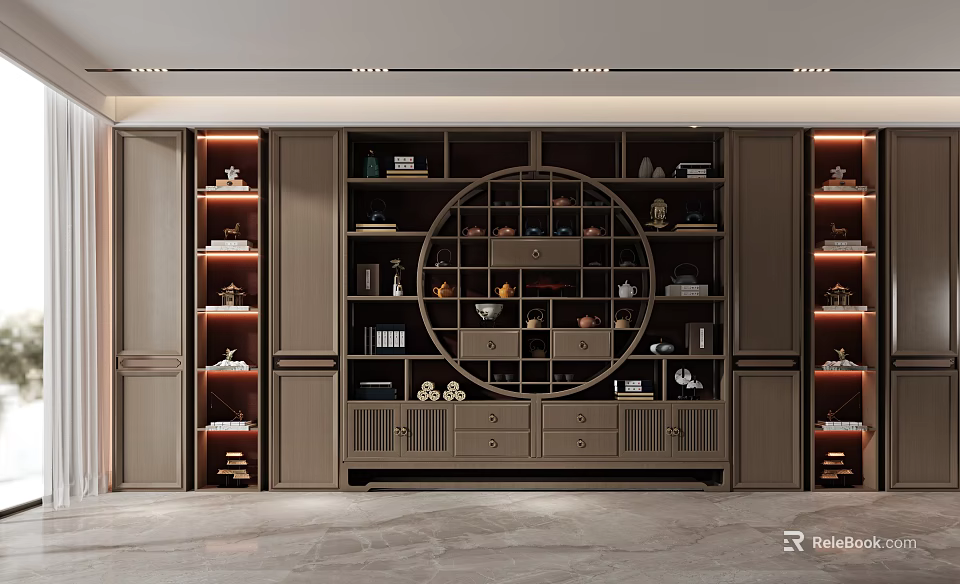 Traditional Chinese Style Bookcase With Circular Design Storage Shelves Drawers And Decorations 3d model 