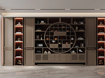 Traditional Chinese Style Bookcase With Circular Design Storage Shelves Drawers And Decorations 3d model